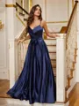 A-Line/Princess Satin Ruffles V-neck Sleeveless Floor-Length Porm Dress