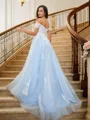 A-Line/Princess Tulle Applique Off-the-Shoulder Sleeveless Sweep Train Porm Dress