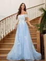 A-Line/Princess Tulle Applique Off-the-Shoulder Sleeveless Sweep Train Porm Dress