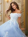 A-Line/Princess Tulle Applique Off-the-Shoulder Sleeveless Sweep Train Porm Dress