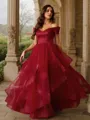 A-Line/Princess Tulle Ruffles Off-the-Shoulder Sleeveless Floor-Length Porm Dress
