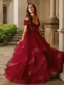 A-Line/Princess Tulle Ruffles Off-the-Shoulder Sleeveless Floor-Length Porm Dress