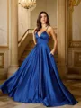 A-Line/Princess Satin Ruffles V-neck Sleeveless Sweep Train Porm Dress
