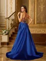 A-Line/Princess Satin Ruffles V-neck Sleeveless Sweep Train Porm Dress