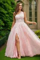 A-Line/Princess Lace Ruffles One-Shoulder Sleeveless Sweep Train Porm Dress