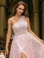 A-Line/Princess Lace Ruffles One-Shoulder Sleeveless Sweep Train Porm Dress