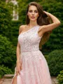 A-Line/Princess Lace Ruffles One-Shoulder Sleeveless Sweep Train Porm Dress