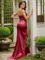 Sheath/Column Silk Like Satin Beading V-neck Sleeveless Sweep Train Dresses