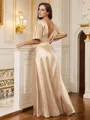 A-Line/Princess Silk like Satin Ruched V-neck Short Sleeves Floor-Length Dresses