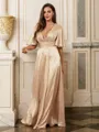 A-Line/Princess Silk like Satin Ruched V-neck Short Sleeves Floor-Length Dresses