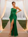 Sheath/Column Charmeuse Ruched One-Shoulder Long Sleeves Floor-Length Dresses