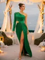 Sheath/Column Charmeuse Ruched One-Shoulder Long Sleeves Floor-Length Dresses