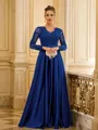 A-Line/Princess Satin Lace V-neck Long Sleeves Floor-Length Dresses