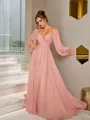 A-Line/Princess 30D Chiffon Ruched V-neck Long Sleeves Floor-Length Dresses