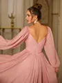 A-Line/Princess 30D Chiffon Ruched V-neck Long Sleeves Floor-Length Dresses