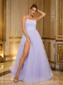 A-Line/Princess Tulle Beading Spaghetti Straps Sleeveless Floor-Length Dresses