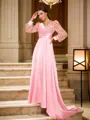A-Line/Princess Silk like Satin Ruched V-neck Long Sleeves Sweep Train Dresses