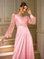 A-Line/Princess Silk like Satin Ruched V-neck Long Sleeves Sweep Train Dresses