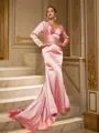 Sheath/Column Silk like Satin Ruched V-neck Long Sleeves Sweep Train Dresses