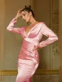 Sheath/Column Silk like Satin Ruched V-neck Long Sleeves Sweep Train Dresses