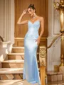 Sheath/Column Silk Like Satin Applique V-neck Sleeveless Floor-Length Dresses