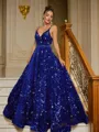 A-Line/Princess Velvet Sequins Paillette V-neck Sleeveless Sweep Train Dresses