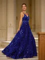 A-Line/Princess Velvet Sequins Paillette V-neck Sleeveless Sweep Train Dresses