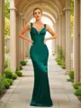 Sheath/Column Silk Like Satin Ruched Straps Sleeveless Floor-Length Dresses