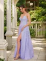 A-Line/Princess Tulle Applique V-neck Sleeveless Floor-Length Porm Dress