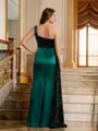 Sheath/Column Velvet Sequins Ruched One-Shoulder Sleeveless Floor-Length Porm Dress