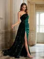Sheath/Column Velvet Sequins Ruched One-Shoulder Sleeveless Floor-Length Porm Dress