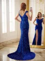 Sheath/Column Velvet Sequins V-neck Sleeveless Court Train Porm Dress