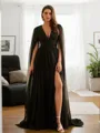 A-Line/Princess 30D Chiffon Ruched V-neck Long Sleeves Floor-Length Porm Dress