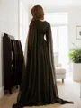 A-Line/Princess 30D Chiffon Ruched V-neck Long Sleeves Floor-Length Porm Dress