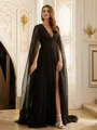 A-Line/Princess 30D Chiffon Ruched V-neck Long Sleeves Floor-Length Porm Dress
