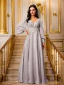A-Line/Princess 30D Chiffon Applique V-neck Long Sleeves Floor-Length Porm Dress