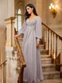 A-Line/Princess 30D Chiffon Applique V-neck Long Sleeves Floor-Length Porm Dress