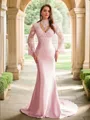 Sheath/Column Silk like Satin Lace High Neck Long Sleeves Sweep Train Porm Dress