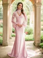 Sheath/Column Silk like Satin Lace High Neck Long Sleeves Sweep Train Porm Dress