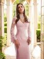 Sheath/Column Silk like Satin Lace High Neck Long Sleeves Sweep Train Porm Dress
