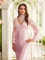 Sheath/Column Silk like Satin Lace High Neck Long Sleeves Sweep Train Porm Dress