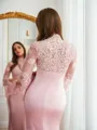 Sheath/Column Silk like Satin Lace High Neck Long Sleeves Sweep Train Porm Dress