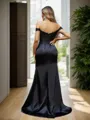 Sheath/Column Silk Like Satin Applique Off-the-Shoulder sleeveless Sweep/Brush Train Corset Dresses
