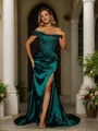 Sheath/Column Silk Like Satin Applique Off-the-Shoulder sleeveless Sweep/Brush Train Corset Dresses