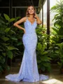 Sheath/Column Velvet Sequins V-neck sleeveless Court Train Dresses