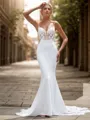 Sheath Stretch Crepe Appliques Lace V-neck Sleeveless Cathedral Train Wedding Dress