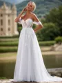 A-line Tulle Appliques Lace Off-the-Shoulder Sleeveless Chapel Train Wedding Dress
