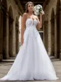 A-line Tulle Appliques Lace Sweetheart Sleeveless Court Train Wedding Dress