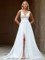 A-line 30D Chiffon Sequin V-neck Sleeveless Court Train Wedding Dress