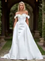 Sheath Satin Flower Off-the-Shoulder Sleeveless Court Train Wedding Dress